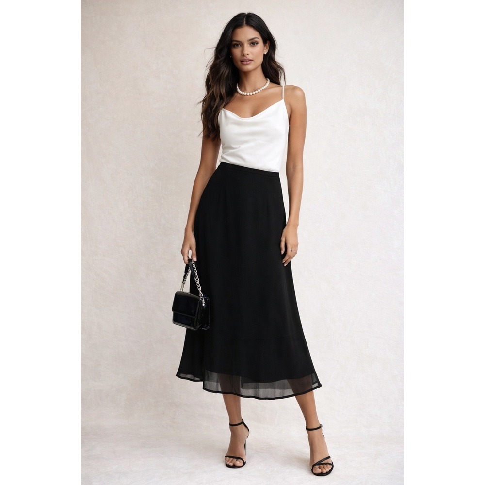 Y2K Liz Claiborne Skirt Womens 12 Black Midi Sheer Layered Career Office Classic